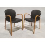 Pair of beech-framed black leather armchairs (2)