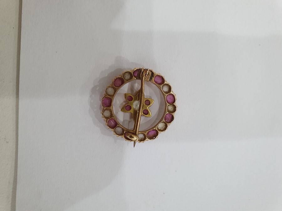 Probably Indian gold-coloured brooch of circular form with a central flower detail, set with - Image 3 of 13