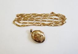 A gold oval locket with engraved decoration on a 9ct gold chain necklace, 32g in total approx.