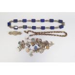 Necklace comprising of alternate rectangular lapis lazuli and marcasite links, a Victorian silver-