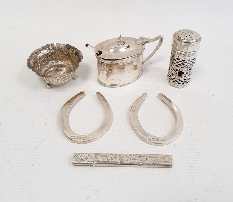 Pair of 1940's silver horseshoes, Sheffield 1947, maker H Hunt, a silver-mounted pepperette with