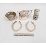 Pair of 1940's silver horseshoes, Sheffield 1947, maker H Hunt, a silver-mounted pepperette with