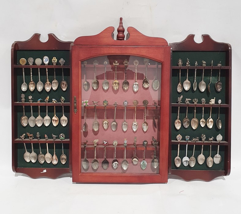 Large quantity of souvenir spoons in two display shelves and a display case and various loose spoons