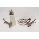 Glass and silver plated claret jug, a pair of silver-coloured metal pheasants and a teapot (4)