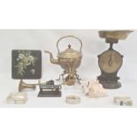 Late Victorian Arts and Crafts style brass spirit kettle with stand and burner, set of Salters
