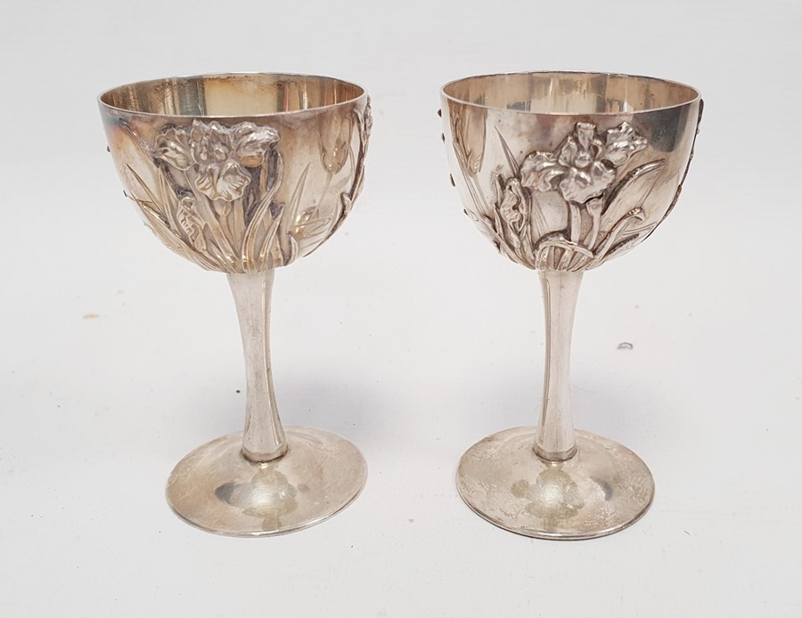 Cased set of six Oriental silver coloured metal goblets, with relief floral decoration, marked to - Image 2 of 7