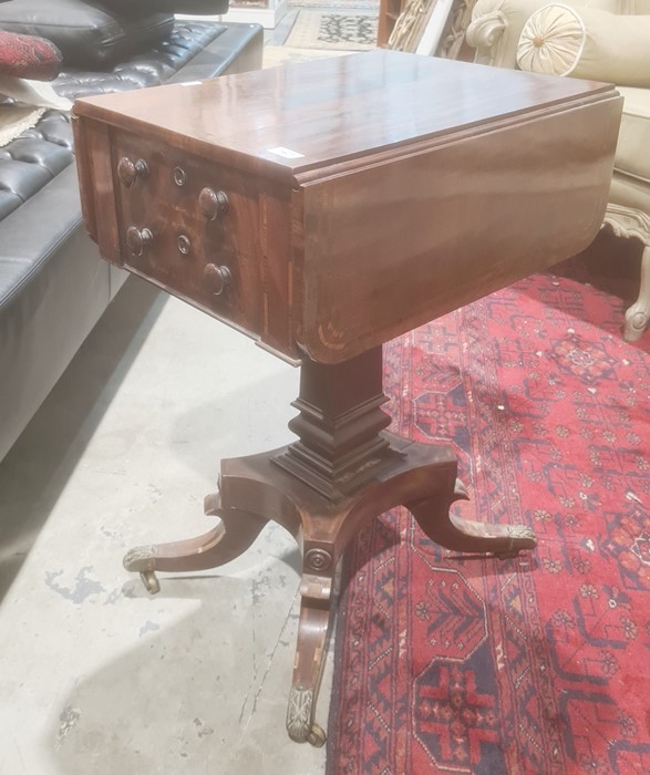 Mahogany drop-leaf work table, the top with rosewood stringing above two drawers, rectangular