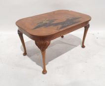 20th century walnut coffee table, the rectangular top with rounded corners, with chinoiserie