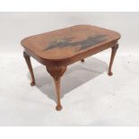 20th century walnut coffee table, the rectangular top with rounded corners, with chinoiserie