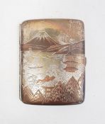 A Chinese style cigarette case silver and copper coloured niello decoration, marked sterling, 2 ozt.