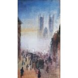 Emily Stansfield (XIX) Watercolour drawing Street scene with figures, cathedral in distance,
