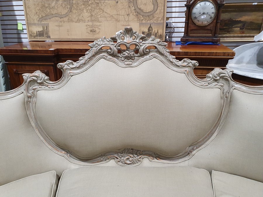 Modern French-style beige painted and upholstered curved three-seat sofa and cushions Condition - Image 13 of 24