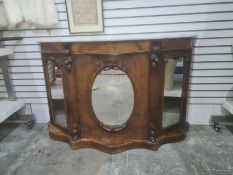 Victorian marble-topped walnut side cabinet, serpentine fronted with mirrored door, 136cm wide