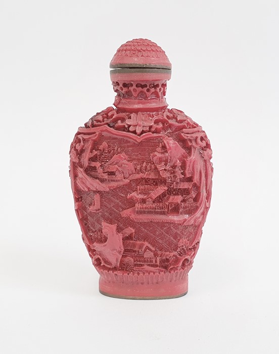 Chinese carved cinnabar lacquer snuff bottle, lakeside landscape decoration, Qianlong mark to