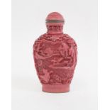 Chinese carved cinnabar lacquer snuff bottle, lakeside landscape decoration, Qianlong mark to