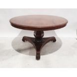 Victorian mahogany circular breakfast table with moulded edge, faceted column to triform base,