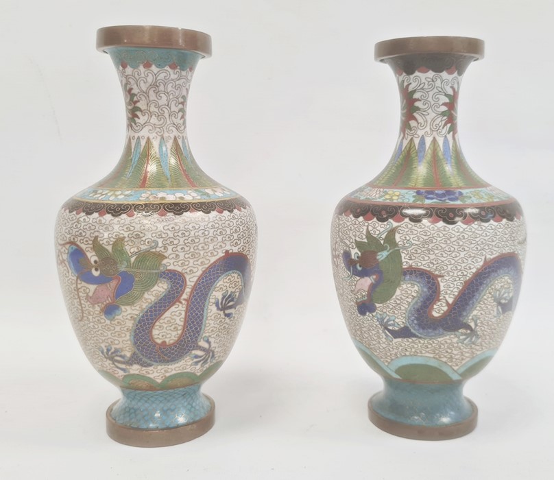 Pair Chinese cloisonné enamel vases, baluster shaped, each with pair dragons and flaming pearl, - Image 8 of 14