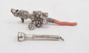 Georgian silver baby's rattle and whistle with coral teether, 14cm and a silver scarf spike,