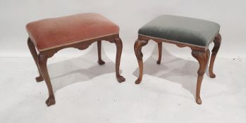 Two stools on cabriole supports, one with green seat the other with pink seat (2)