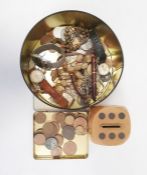 Small Conway Stewart fountain pen with marbled case, assorted wristwatches, coins, a wooden dice