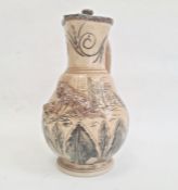 Hannah Barlow Doulton Lambeth salt glazed stoneware jug with silver hinged lid, sgraffito engraved