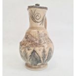 Hannah Barlow Doulton Lambeth salt glazed stoneware jug with silver hinged lid, sgraffito engraved