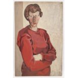 Reg Miller - British 20th century Oil on board Half length portrait of a lady in a red dress, 82 x