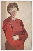 Reg Miller - British 20th century Oil on board Half length portrait of a lady in a red dress, 82 x