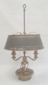 Brass embossed three light table lamp having three foliate applied scroll branches on candlestick