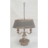 Brass embossed three light table lamp having three foliate applied scroll branches on candlestick