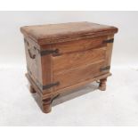 Eastern hardwood chest with iron rivets and bindings, on turned supports, 61cm x 53cm