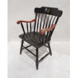 Westpoint Stained railback open armchair, the top rail with coat of arms inscribed 'Duty Honour
