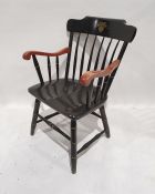 Westpoint Stained railback open armchair, the top rail with coat of arms inscribed 'Duty Honour