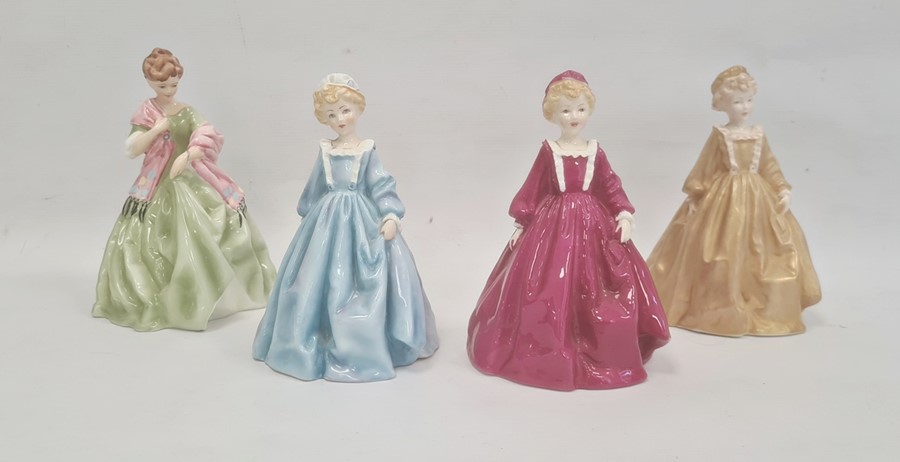 Three Royal Worcester Doughty figures 'Grandmother's Dress' in pink, blue and gold and Royal
