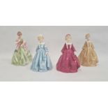 Three Royal Worcester Doughty figures 'Grandmother's Dress' in pink, blue and gold and Royal