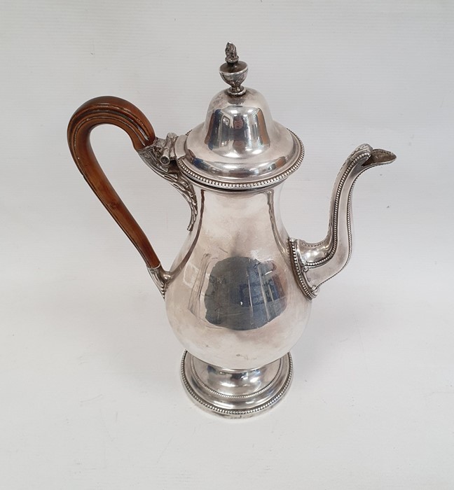 A silver plated coffee pot, wooden handle on a circular base, unmarked, etched V EL to base, 29cm - Image 3 of 4