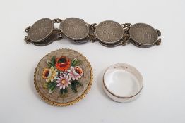 Micro mosaic brooch with floral decoration, a Britannia standard 958 silver ring and a bracelet made