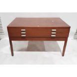 20th century teak three-drawer plan chest on straight section supports, 146cm x 88cm x 88cm deep