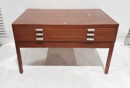 20th century teak three-drawer plan chest on straight section supports, 146cm x 88cm x 88cm deep