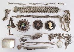 Silver propelling pencil, a filigree leaf brooch, a modern silver pill box of rectangular form