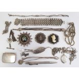 Silver propelling pencil, a filigree leaf brooch, a modern silver pill box of rectangular form