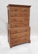 20th century oak chest on chest with moulded corners above two short over three long drawers, the