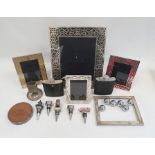 Box of picture frames, hipflasks, bottle stoppers and a mini boule set