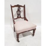 19th century low chair, mahogany framed with pink and white striped seat, on turned and ringed front