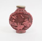 Chinese Qianlong marked carved cinnabar lacquer snuff bottle, disc shaped, 6cm high