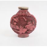 Chinese Qianlong marked carved cinnabar lacquer snuff bottle, disc shaped, 6cm high