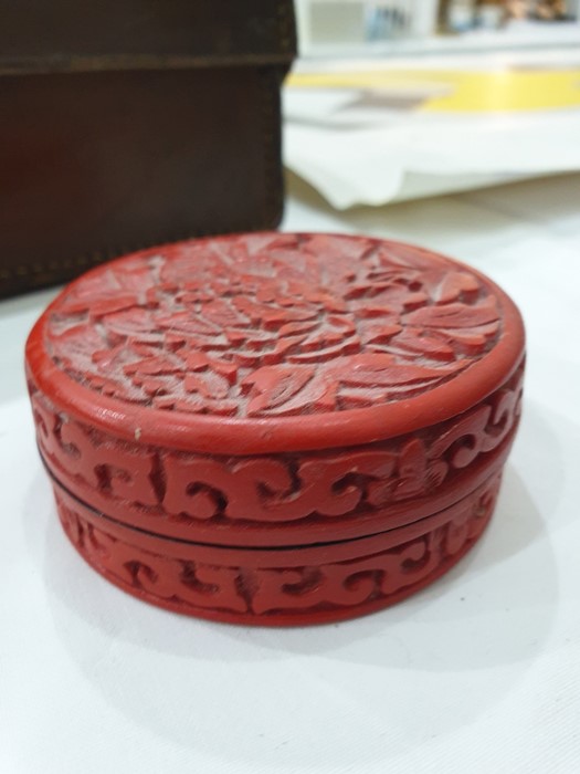 Small cinnabar lacquer box and cover, circular, carved green hardstone model bird, sundry Russian - Image 6 of 6