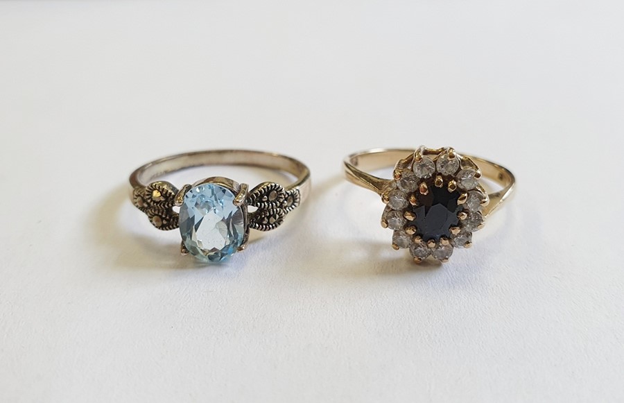 9ct gold, sapphire and white stone cluster ring and a silver, marcasite and blue stone ring (2) - Image 2 of 5