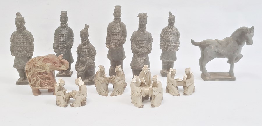 Collection of six various Chinese tomb style figures, standing and kneeling, a similar horse, carved