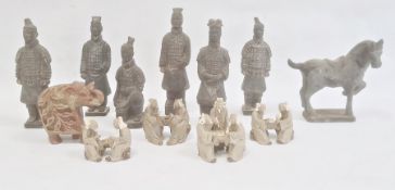 Collection of six various Chinese tomb style figures, standing and kneeling, a similar horse, carved